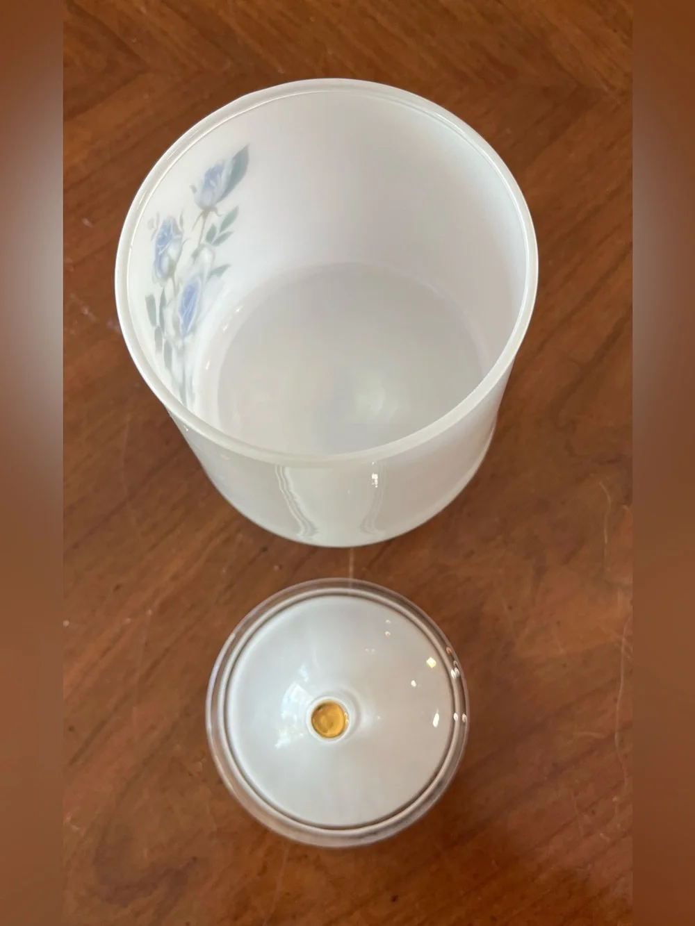 West Virginia Glass White Frosted Blue Roses Pedestal Apothecary Jar w Lid